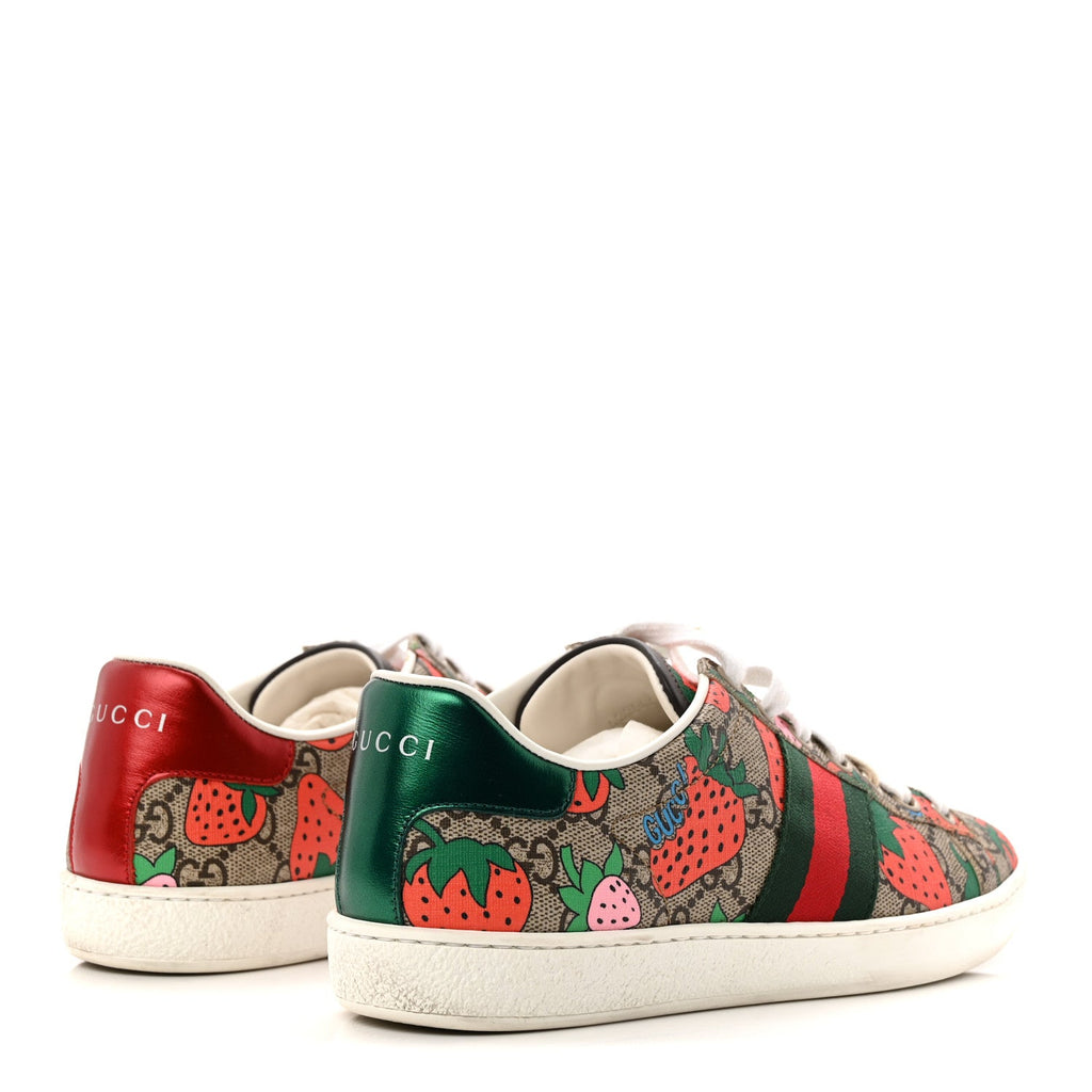 Gucci GG Supreme Monogram Strawberry Web Womens Ace Sneakers 36.5 Beige Multicolor Red Green