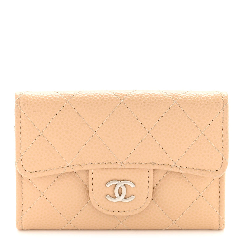 Caviar Quilted Flap Card Holder Wallet Beige