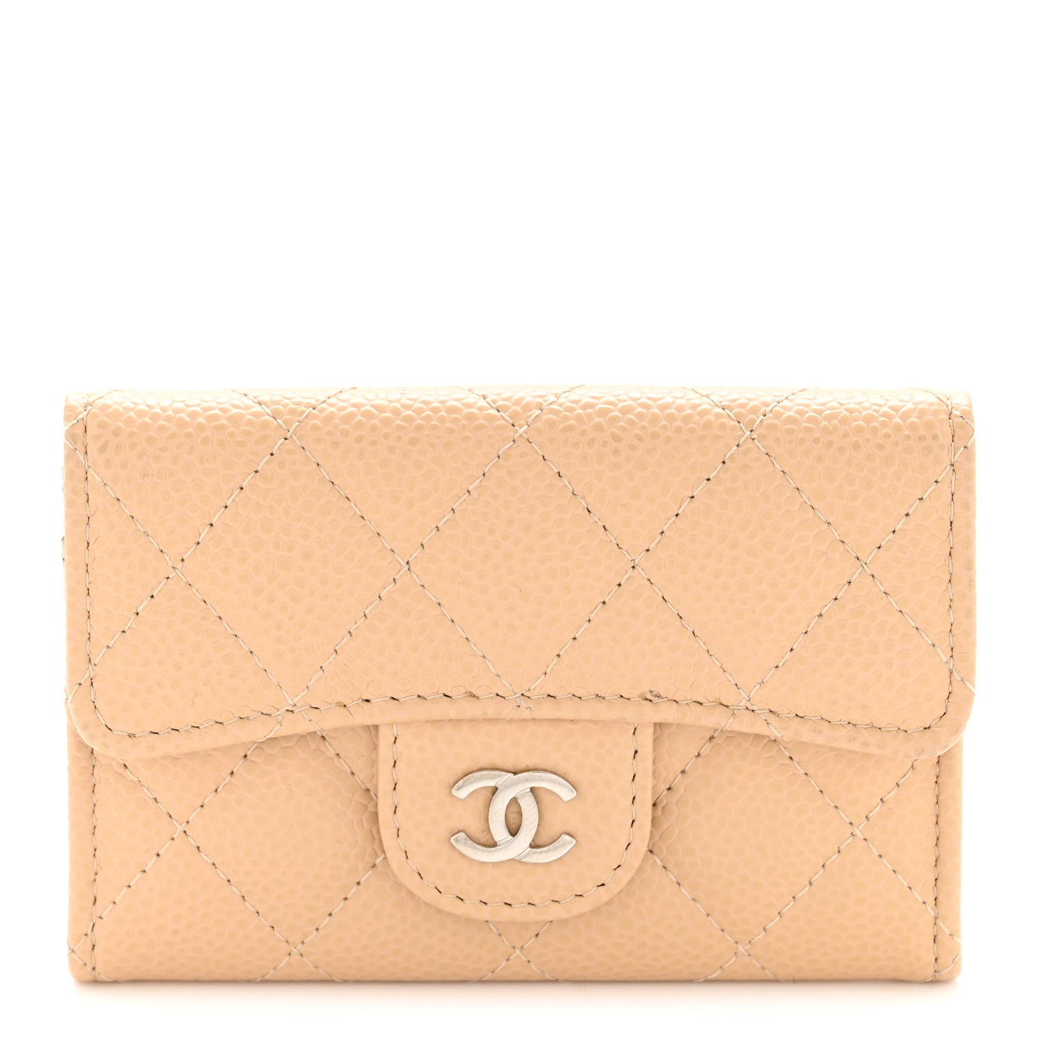 Caviar Quilted Flap Card Holder Wallet Beige