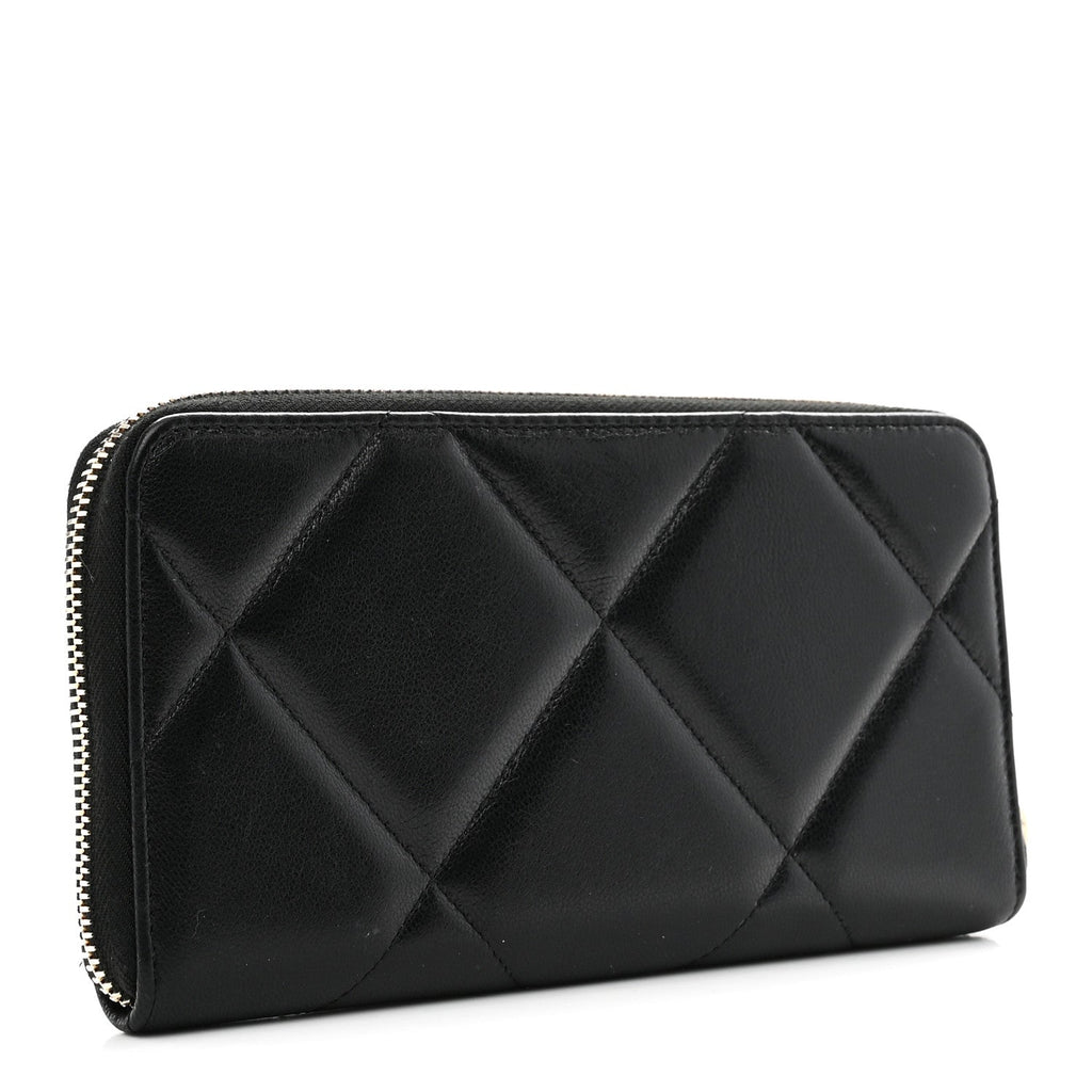 Chanel Shiny Goatskin Quilted Chanel 19 Long Zipped Around Wallet Black