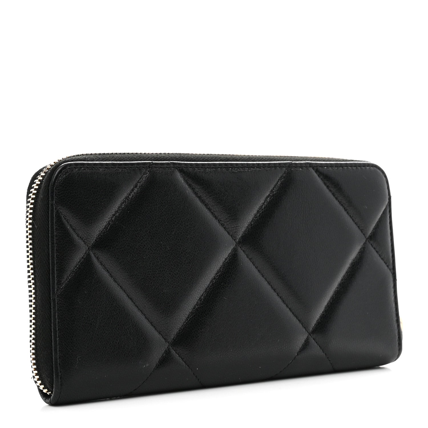 Chanel Shiny Goatskin Quilted Chanel 19 Long Zipped Around Wallet Black
