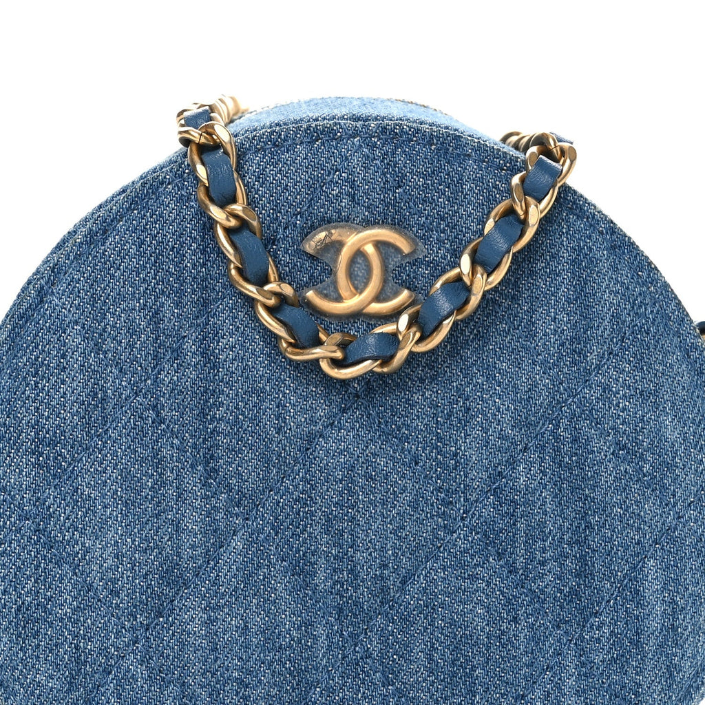 Chanel Denim Quilted Round Pearl Crush Clutch With Chain Blue