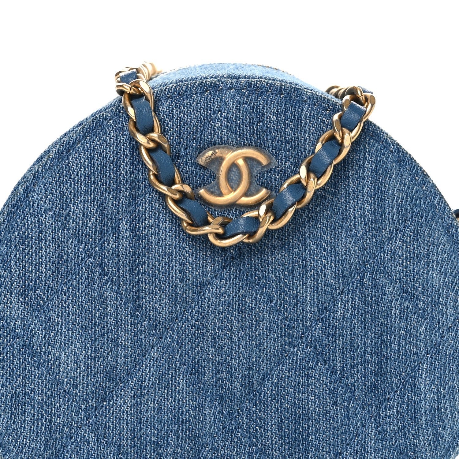 Chanel Denim Quilted Round Pearl Crush Clutch With Chain Blue