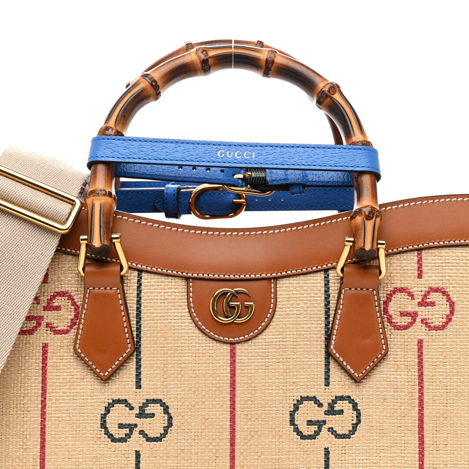 Gucci Raffia Monogram GG Jacquard Medium Diana Tote Bag Natural Red Green Modern Blue