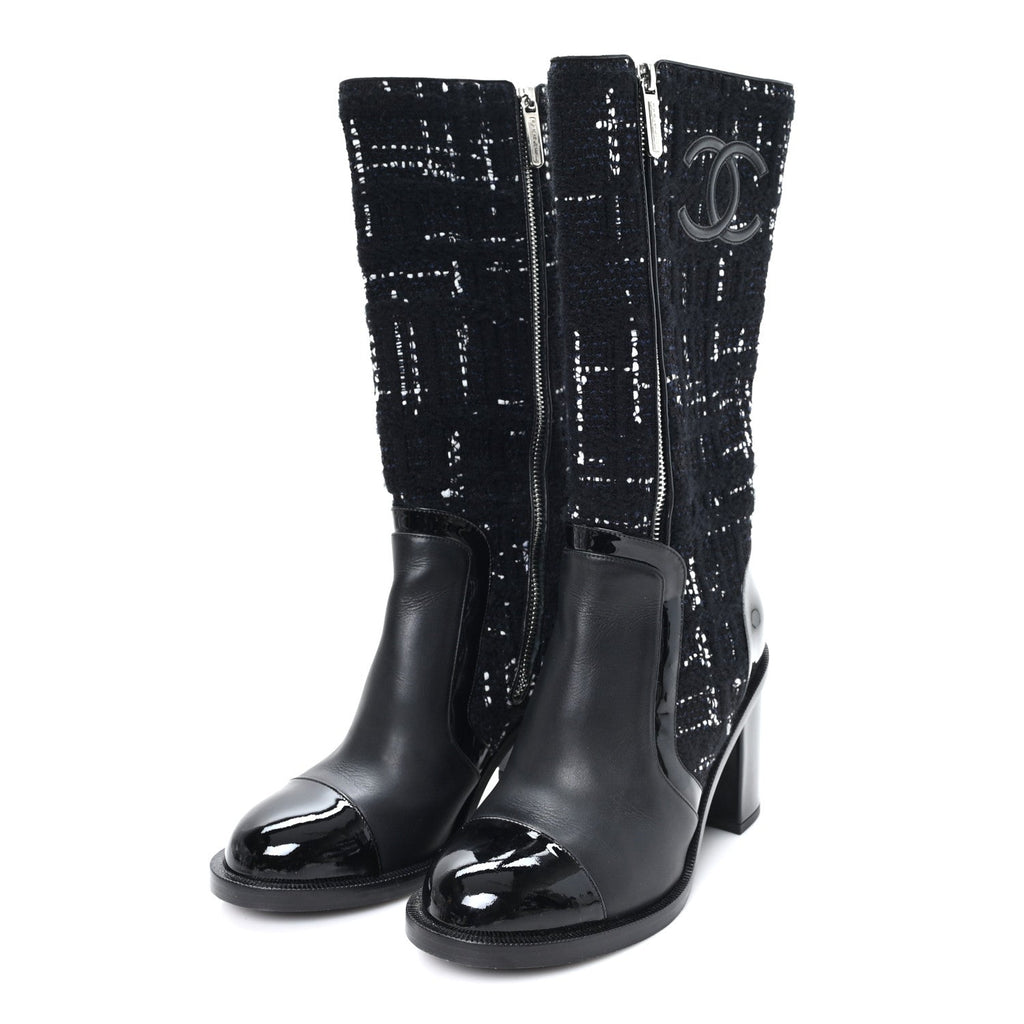 Chanel Tweed Calfskin Patent Cap Toe CC High Boots 37.5 Black Navy White