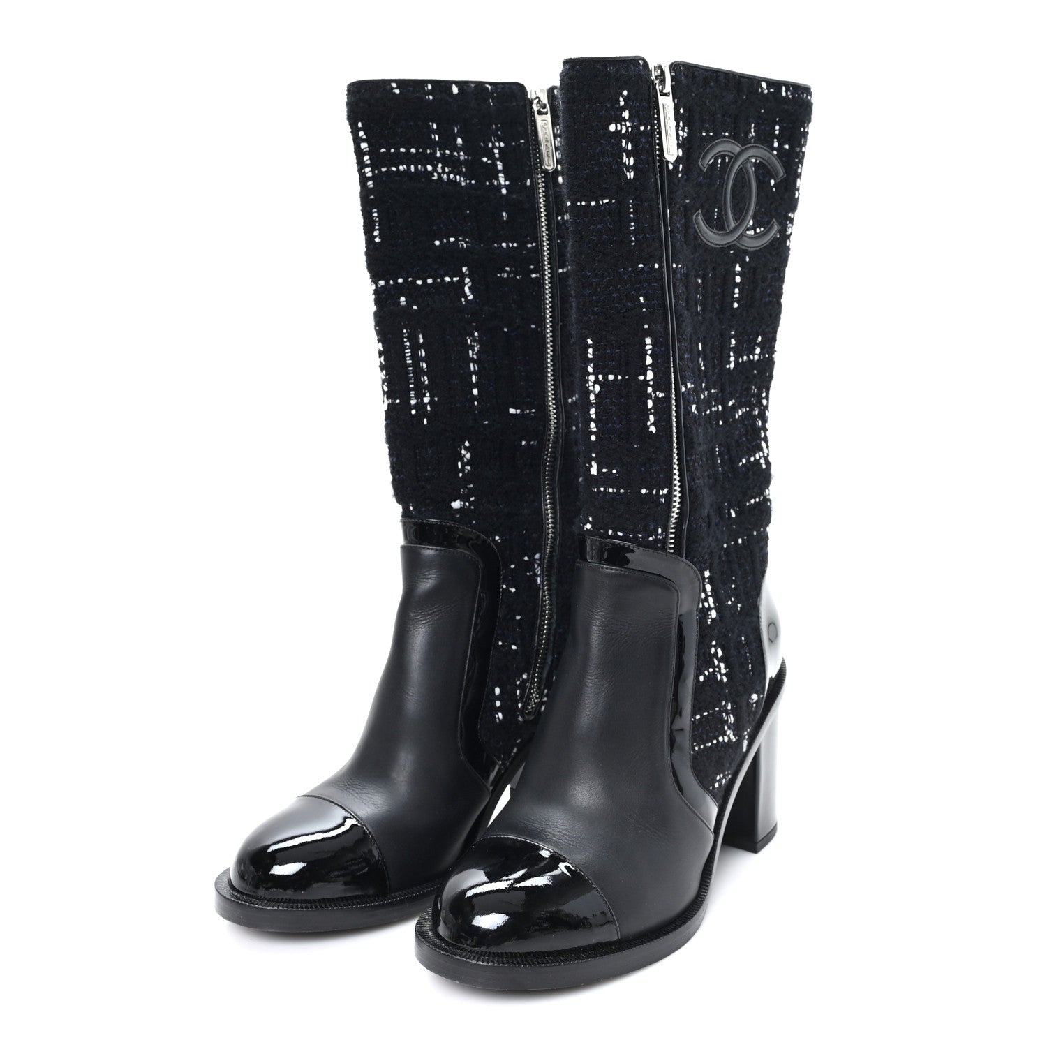 Chanel Tweed Calfskin Patent Cap Toe CC High Boots 37.5 Black Navy White