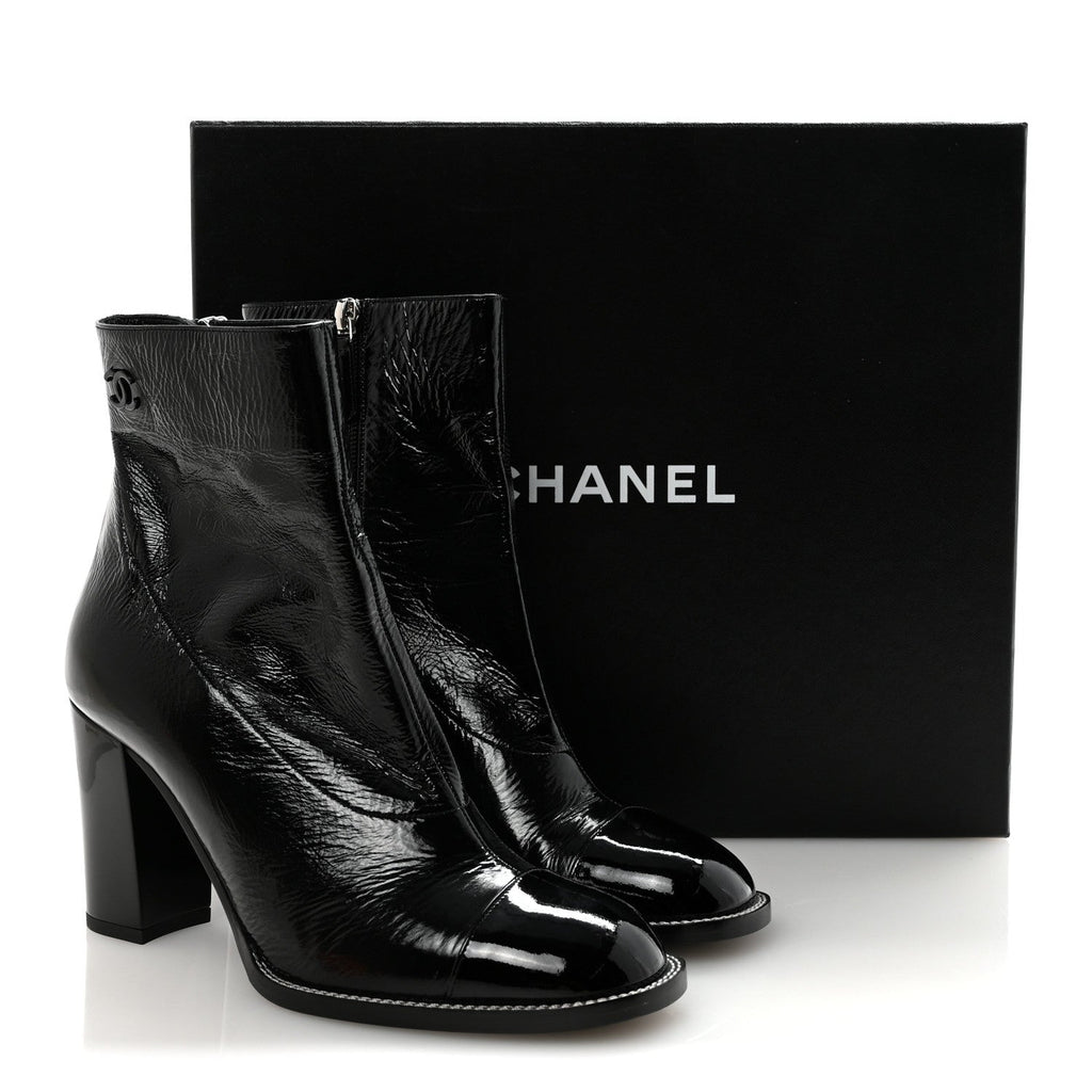Chanel Shiny Calfskin Patent Cap Toe CC Short Boots 38.5 Black