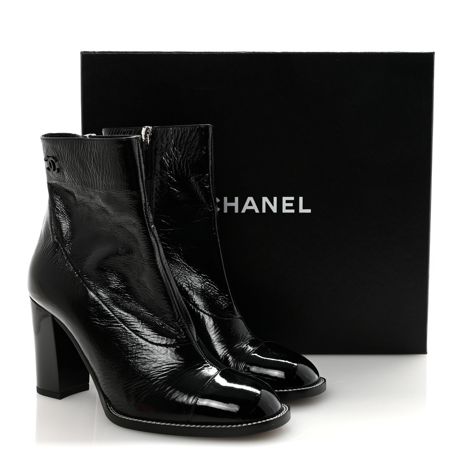 Chanel Shiny Calfskin Patent Cap Toe CC Short Boots 38.5 Black