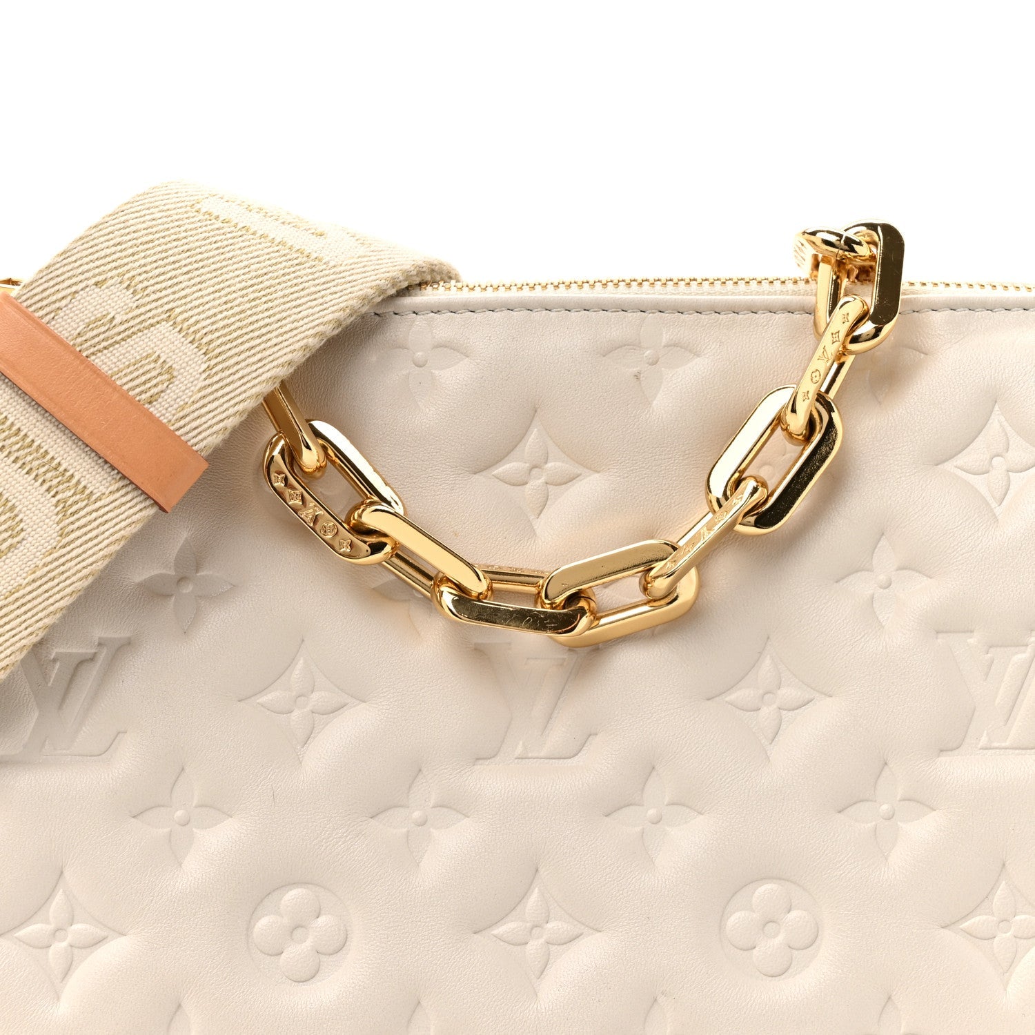Louis Vuitton Lambskin Embossed Monogram Coussin PM Beige Cream