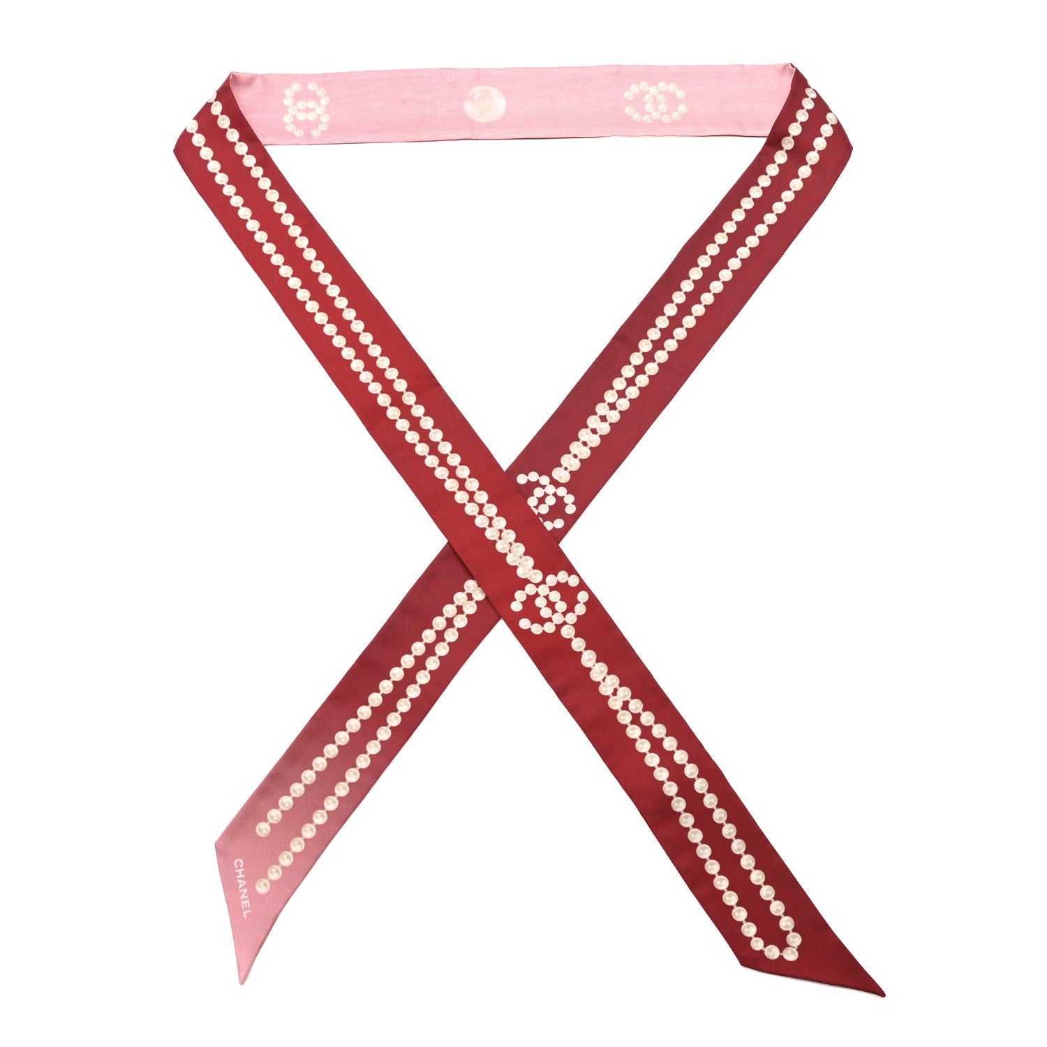 Chanel Silk Pearl CC Slim Bandeau Scarf Dark Red Ecru Pink
