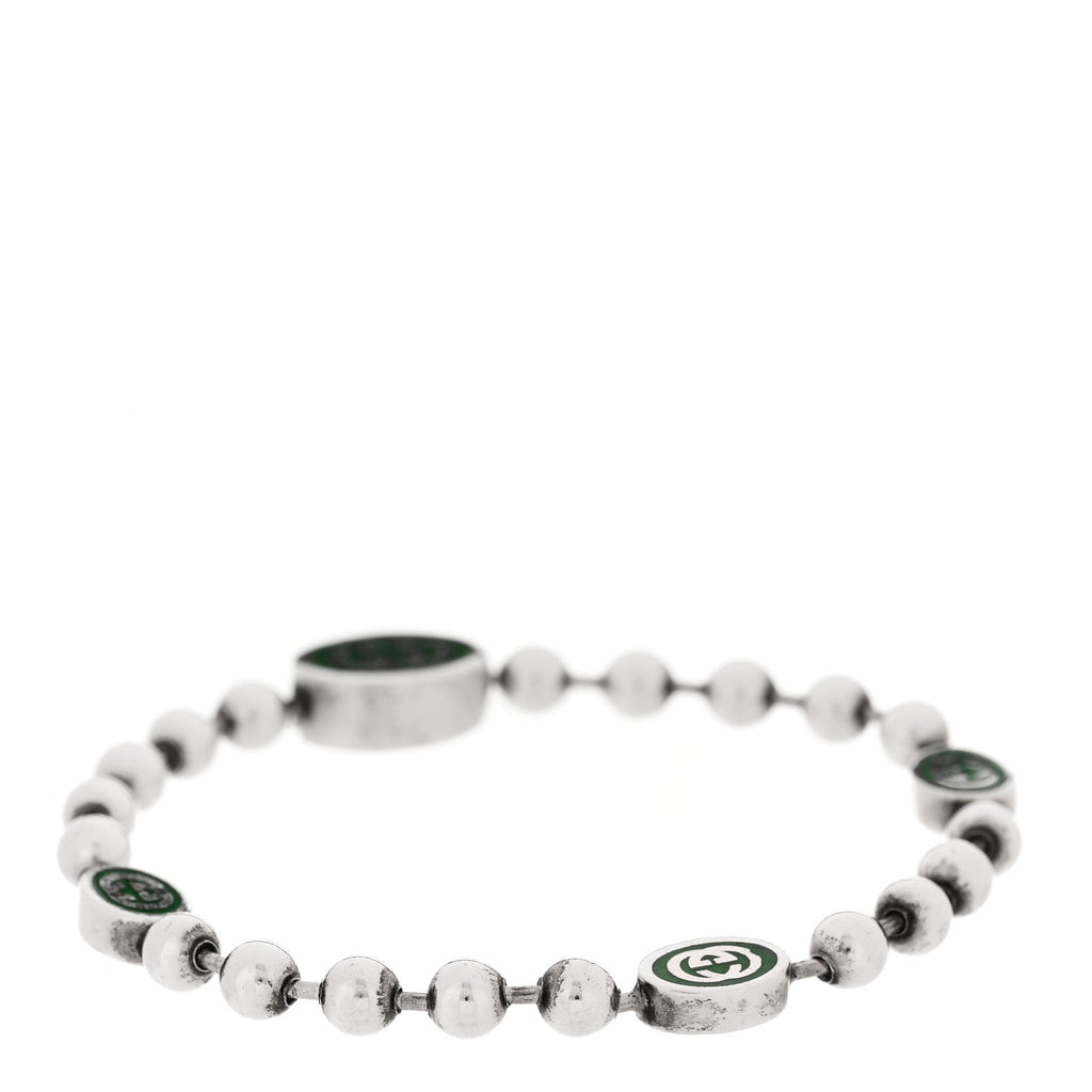 Gucci Sterling Silver Enamel Interlocking G Boule Chain Bracelet Green