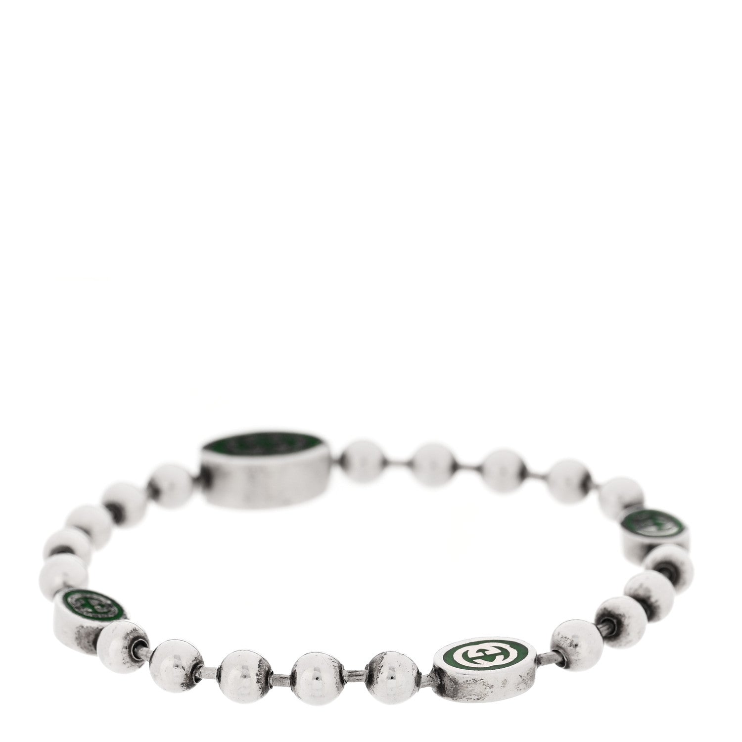 Gucci Sterling Silver Enamel Interlocking G Boule Chain Bracelet Green