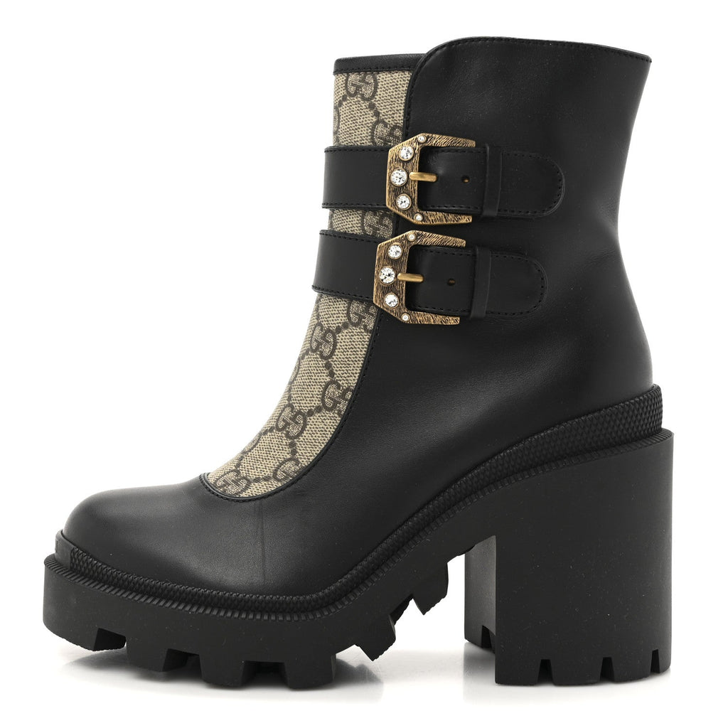 Gucci Kensington Calfskin Nappa GG Supreme Monogram Womens Double Buckle Ankle Boots 35 Black