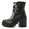 Gucci Kensington Calfskin Nappa GG Supreme Monogram Womens Double Buckle Ankle Boots 35 Black