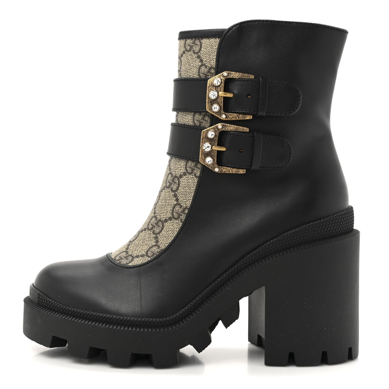 Gucci Kensington Calfskin Nappa GG Supreme Monogram Womens Double Buckle Ankle Boots 35 Black