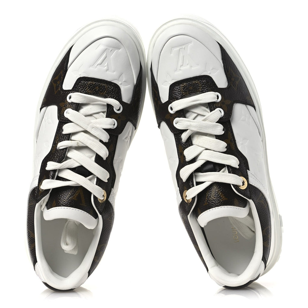 Louis Vuitton Lambskin Embossed Monogram Time Out Sneakers 39 White Brown