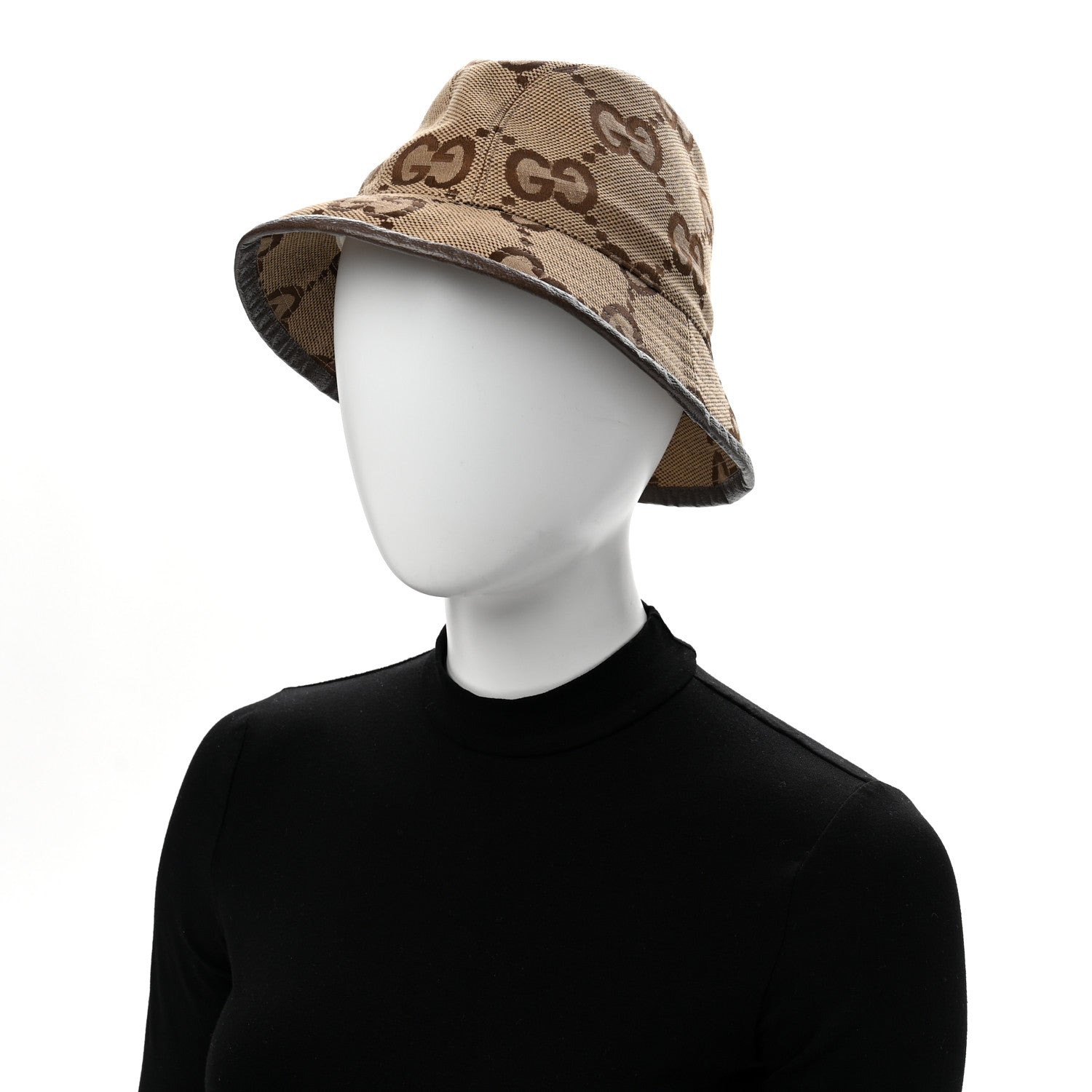Gucci Monogram Jumbo GG Bucket Hat L Camel Ebony New Acero
