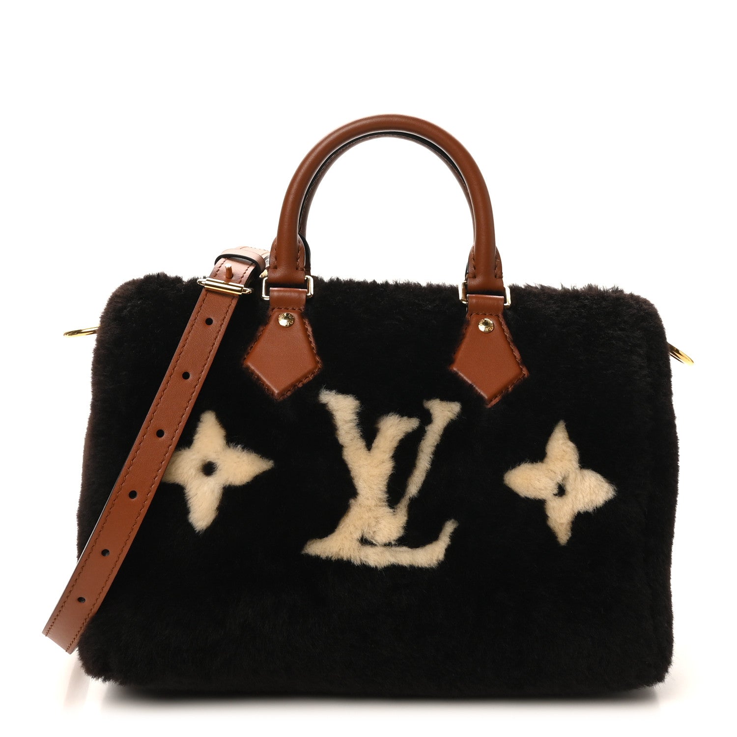 Louis Vuitton Shearling Monogram LV Ski Cozygram Speedy Bandouliere 25 Chocolate Cream