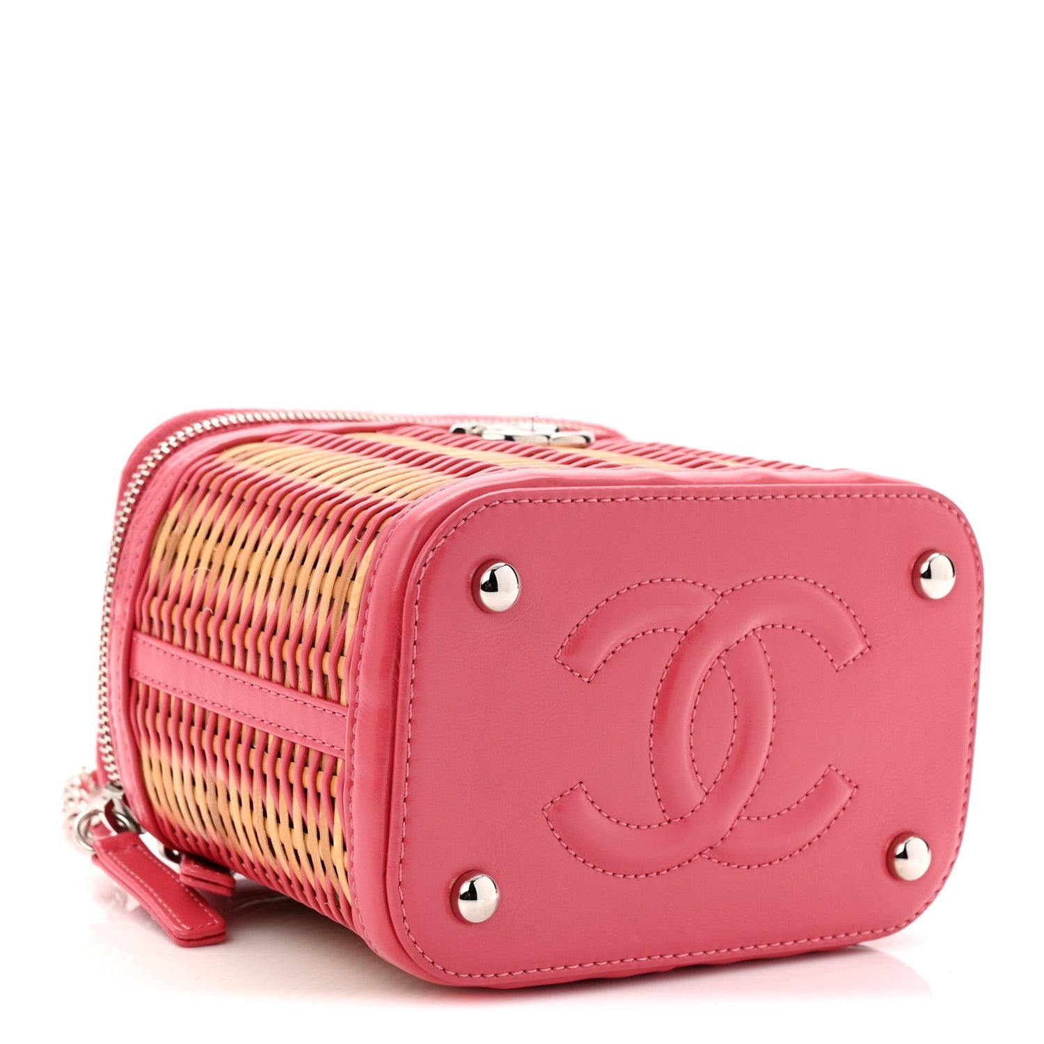 Chanel Calfskin Raffia Small Take Away Vanity Case Bag Pink Beige