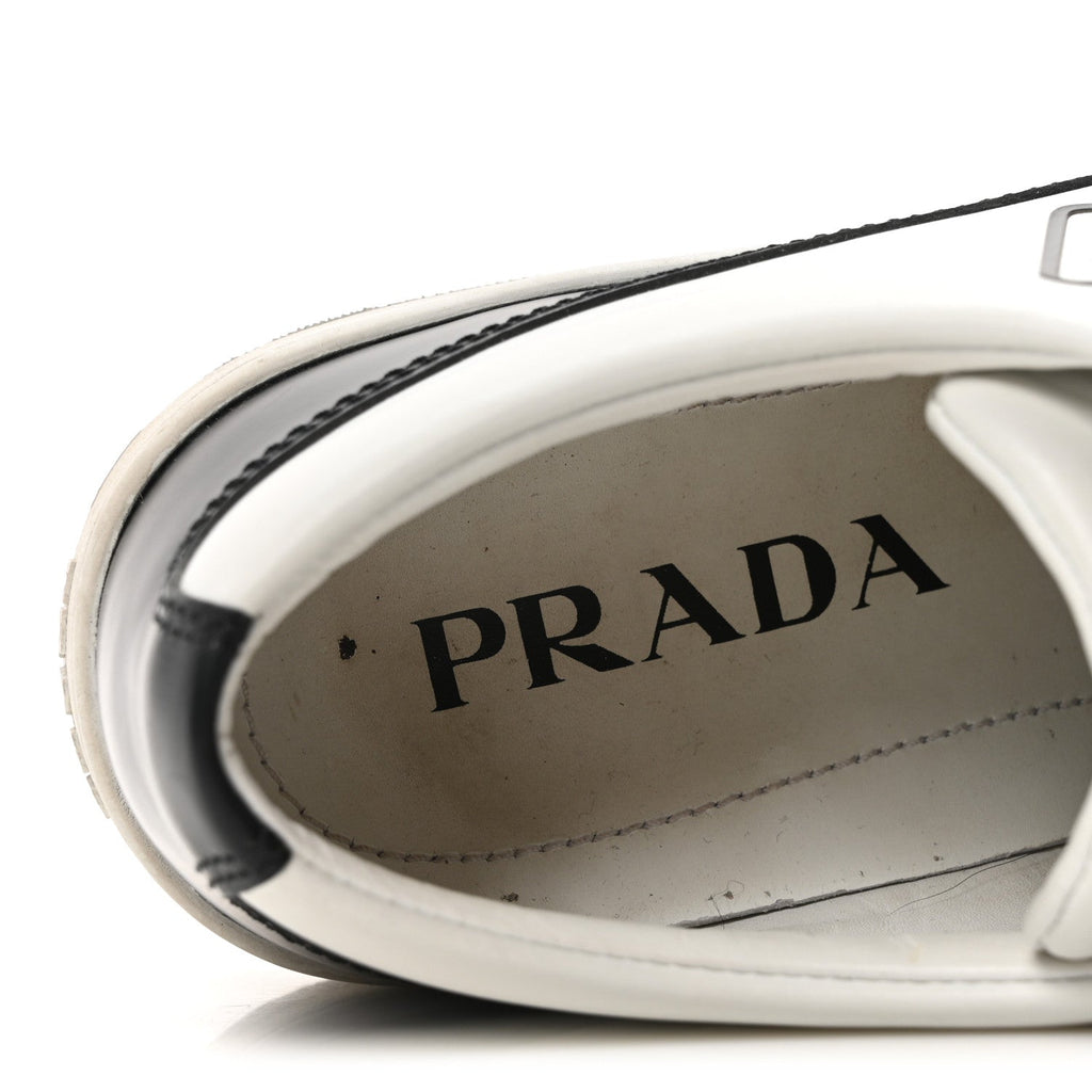Prada Spazzolato Rois Vitello Soft Triangle Logo Womens Low Top Sneakers 39 White Black