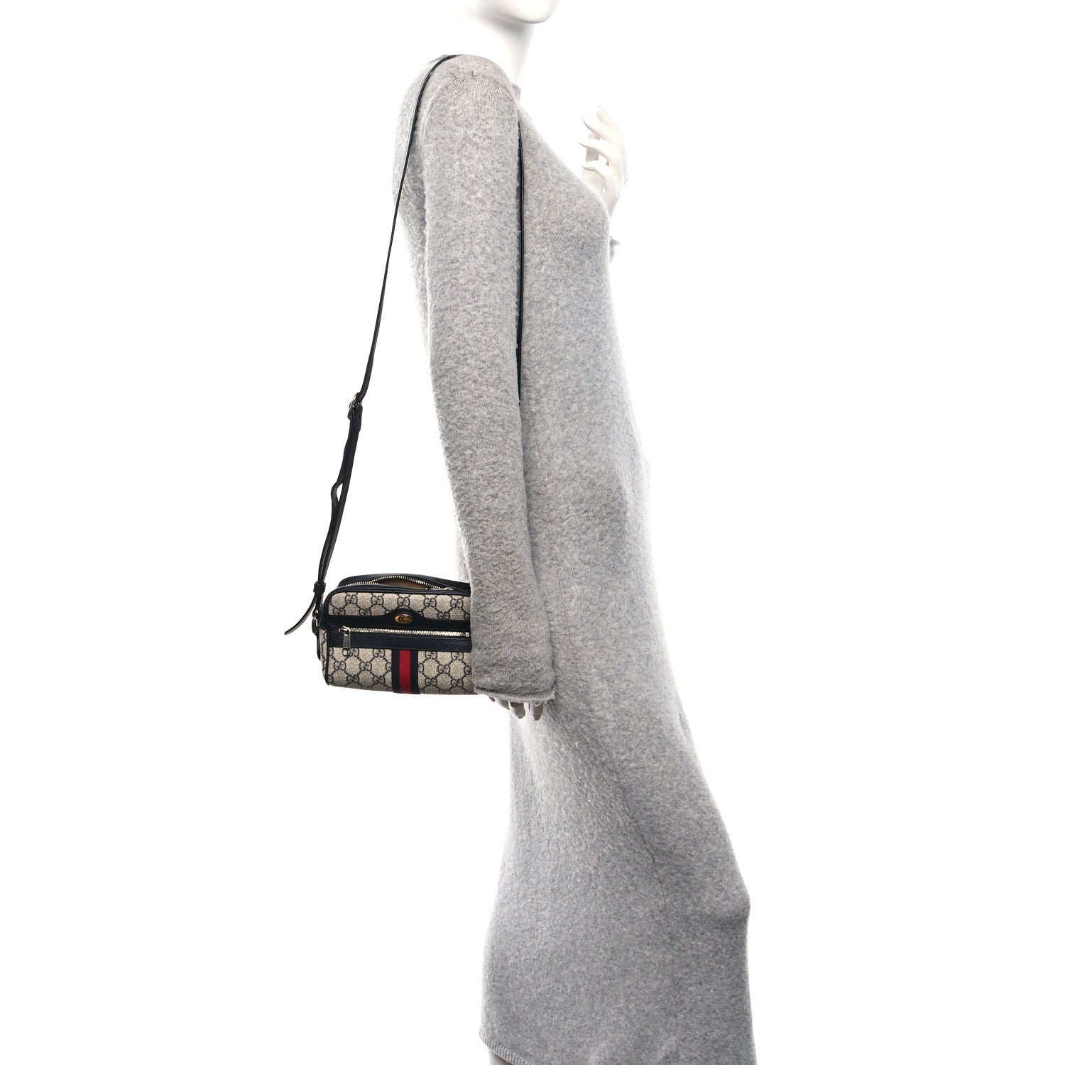 Gucci GG Supreme Monogram Textured Dollar Calfskin Web Mini Ophidia Shoulder Bag Beige Blue