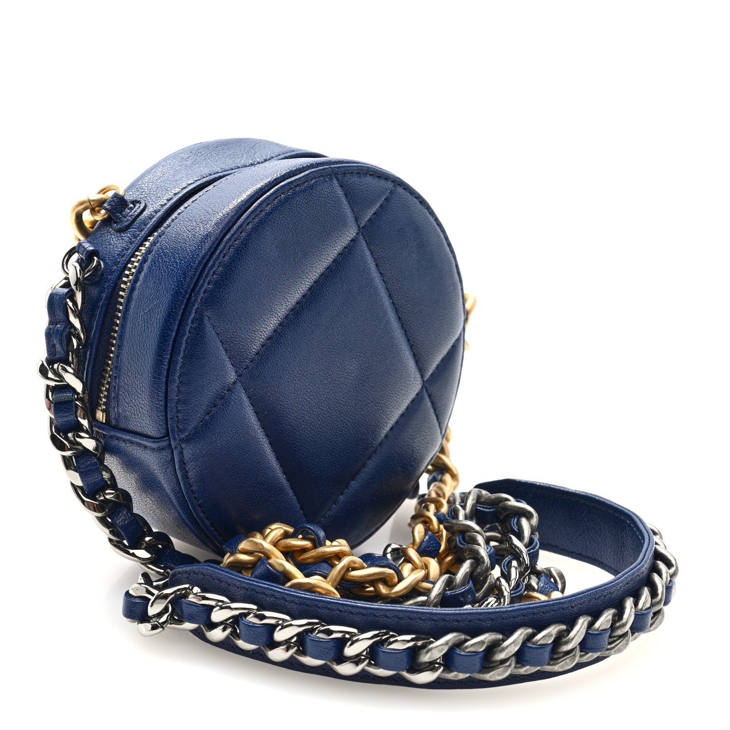 Chanel Lambskin Quilted Chanel 19 Round Clutch With Chain  Navy