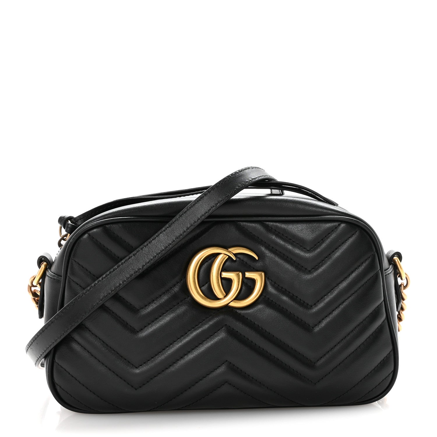 Gucci Calfskin Matelasse Small GG Marmont Chain Shoulder Bag Black