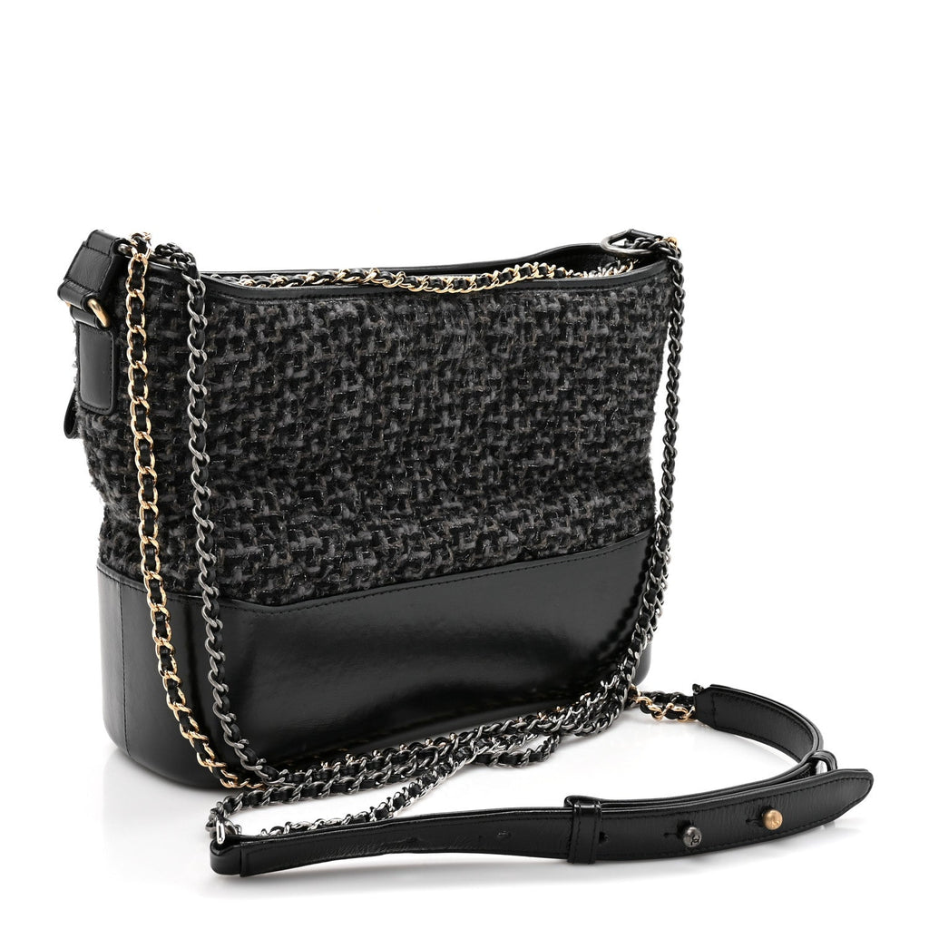 Chanel Tweed Calfskin Quilted Medium Gabrielle Hobo Black