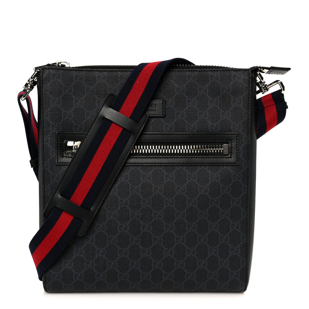 Gucci GG Supreme Monogram Appia Calfskin Web Flat Messenger Bag Black Grey