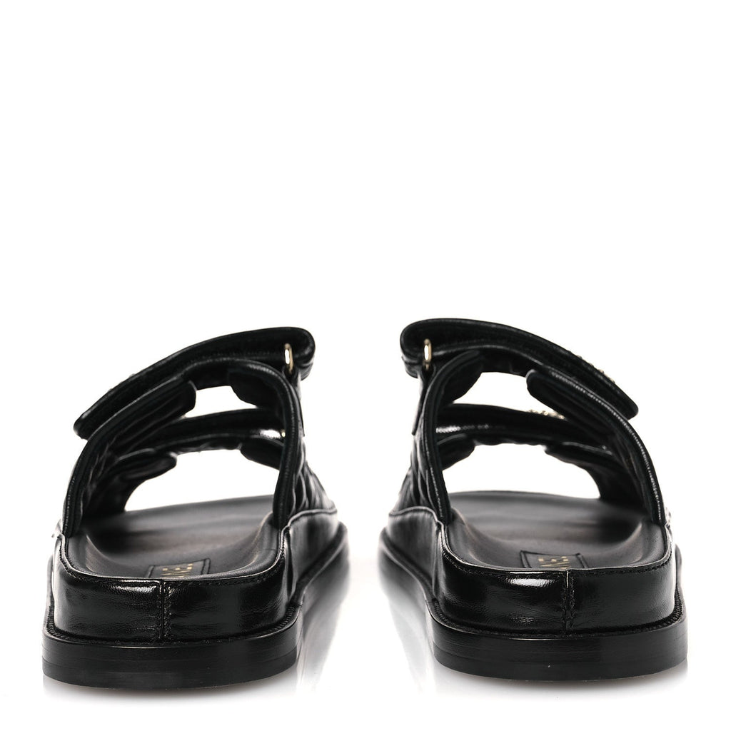Lambskin Quilted Velcro Dad Chain CC Slide Sandals 38.5 Black