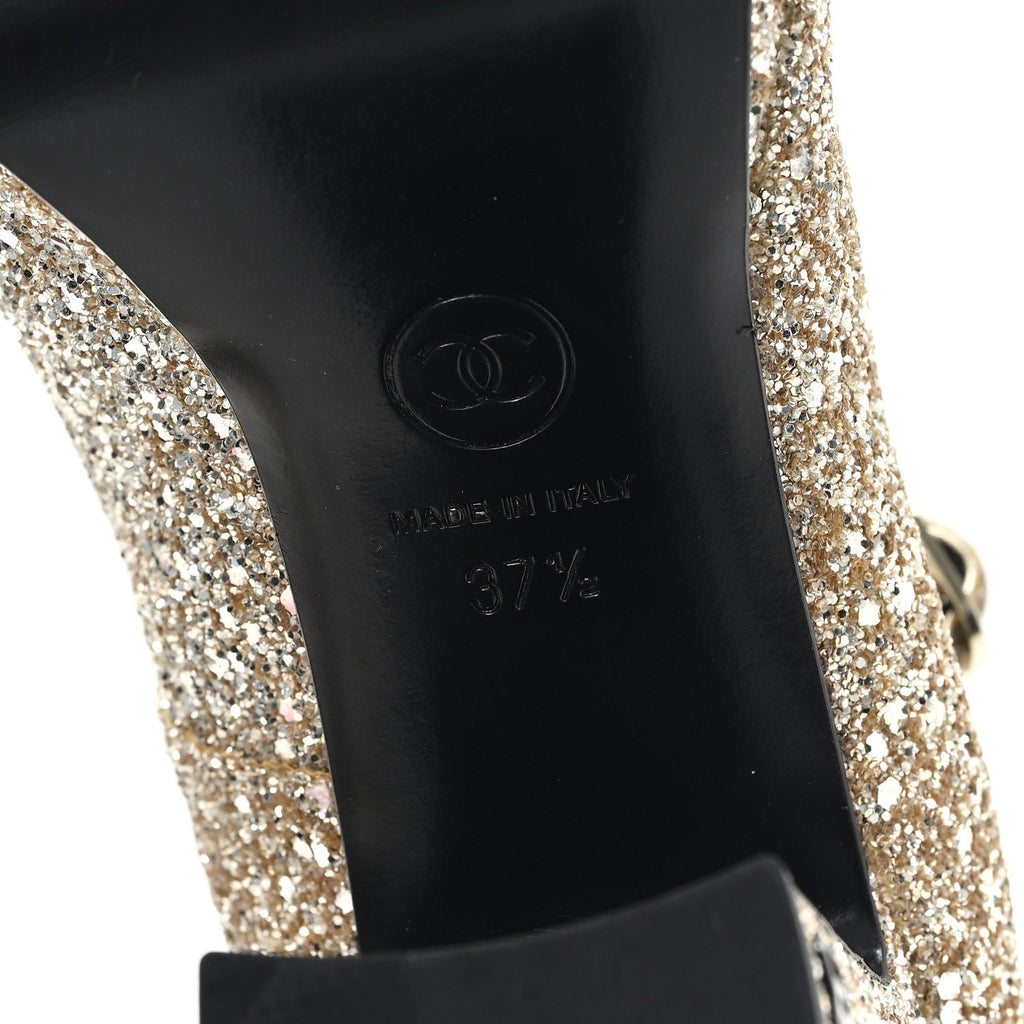 Glitter Lambskin Cap Toe CC Mary Jane Pumps 37.5 Light Gold Black