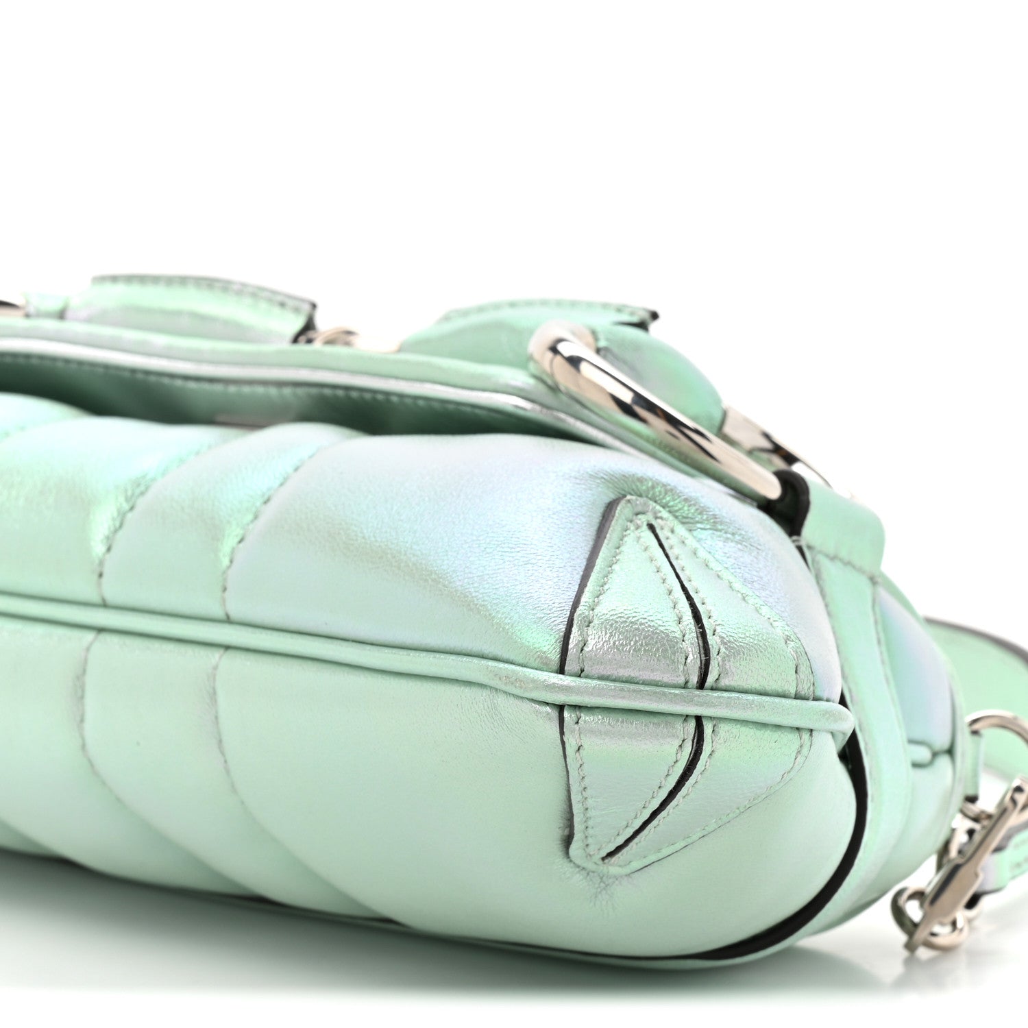 Gucci Iridescent Nappa Vertical Matelasse Small Maxi Horsebit Chain Shoulder Bag Iridescent Salvy Green