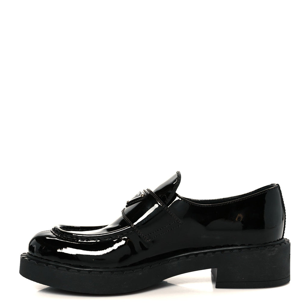 Prada Vernice Metal Triangle Logo 50mm Loafers 39.5 Black