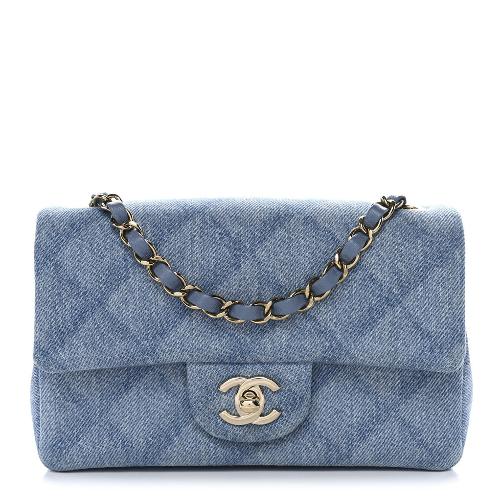 Chanel Printed Denim Quilted Mini Rectangular Flap Light Blue