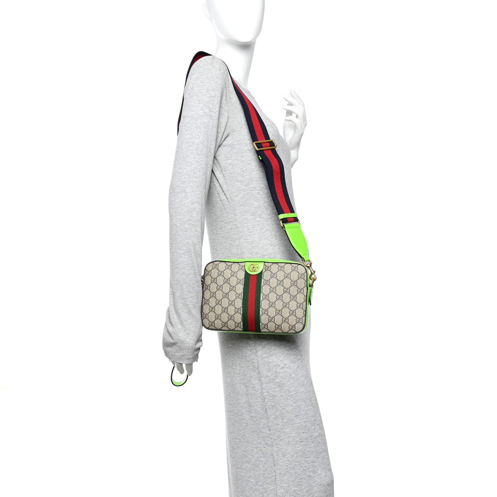 Gucci GG Supreme Monogram Textured Dollar Calfskin Web Ophidia Wristlet Shoulder Bag Beige Ebony Green