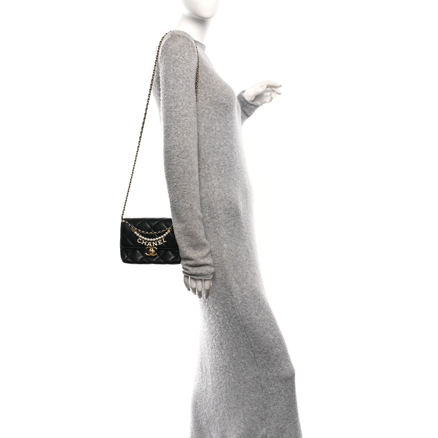 Chanel Shiny Lambskin Quilted Mini Pearl Logo Flap Black