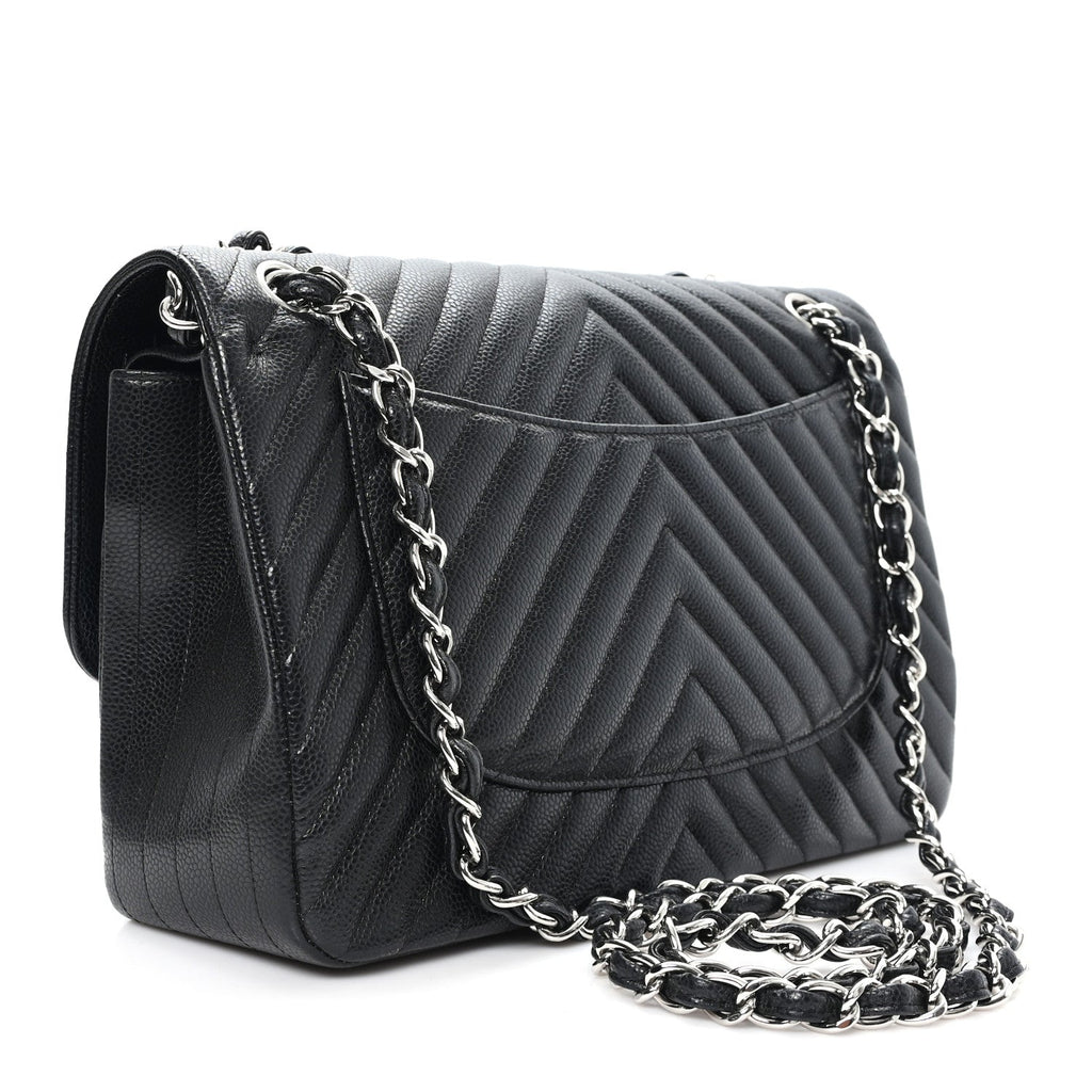 Chanel Caviar Chevron Quilted Jumbo Double Flap Black