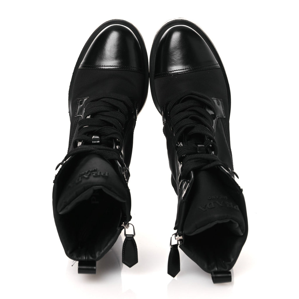 Prada Spazzolato Re-Nylon Metal Triangle Logo Lace Up 55mm Ankle Boots 38.5 Black