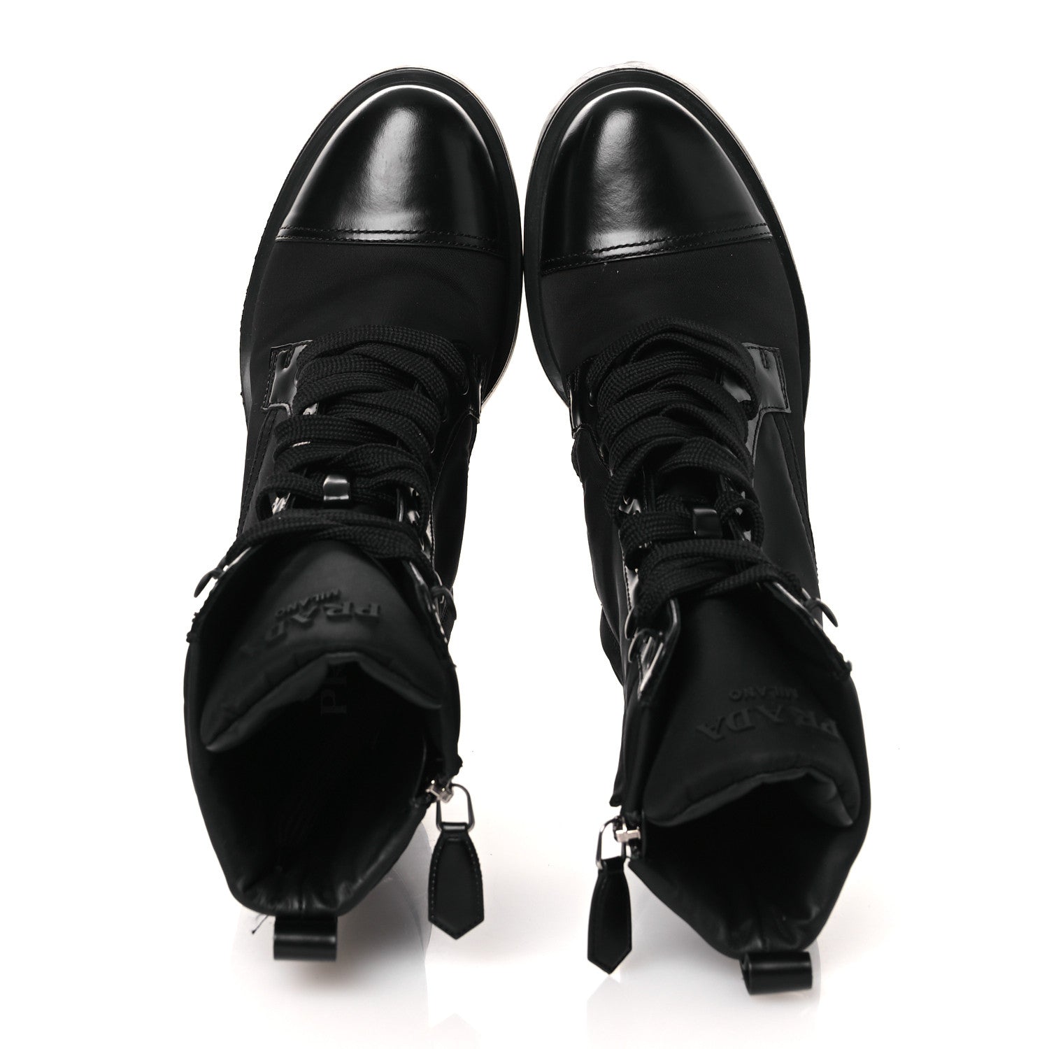 Prada Spazzolato Re-Nylon Metal Triangle Logo Lace Up 55mm Ankle Boots 38.5 Black