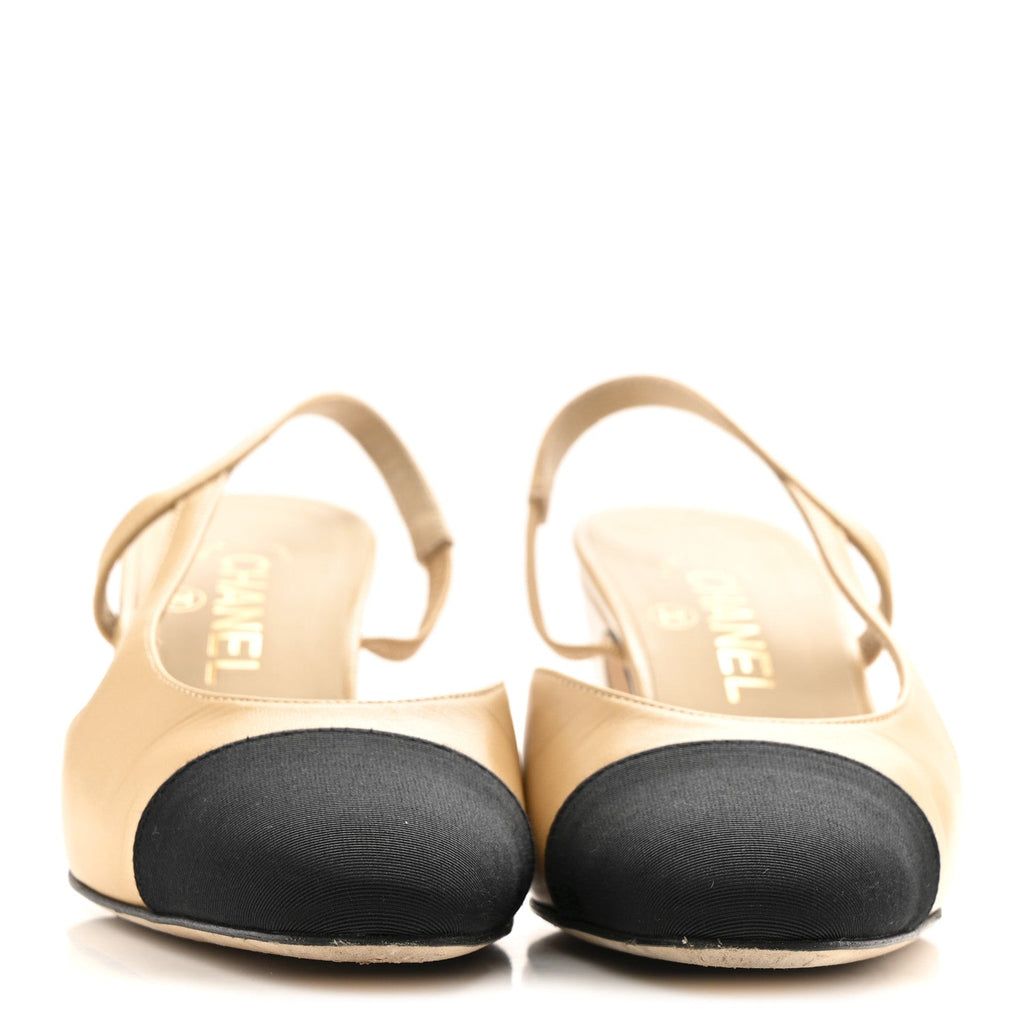 Goatskin Grosgrain Cap Toe CC Slingback Pumps 36.5 Beige Black