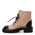 Chanel Shiny Lambskin Quilted Lace Up Combat Boots 36 Beige Black