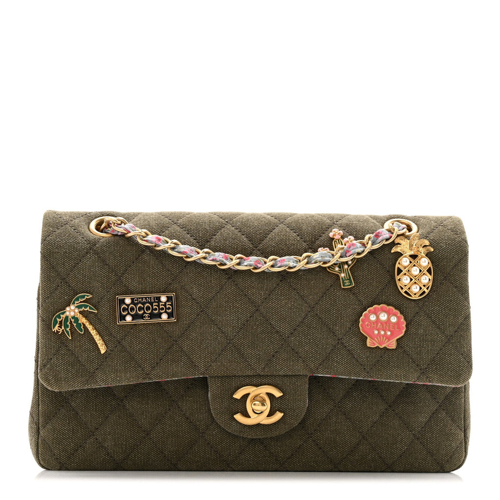 Chanel Canvas Quilted Coco Cuba Charms Medium Double Flap Khaki
