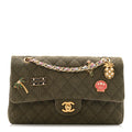 Chanel Canvas Quilted Coco Cuba Charms Medium Double Flap Khaki