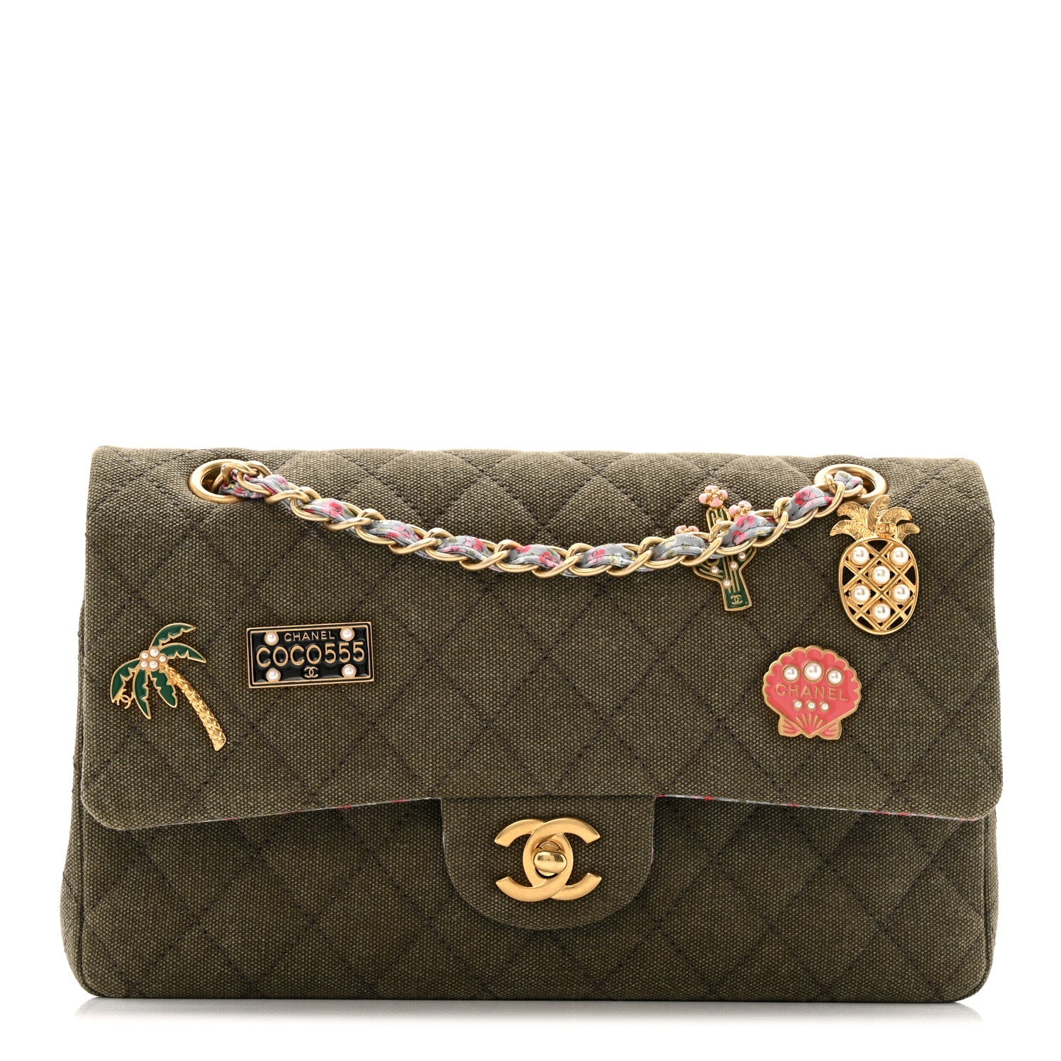 Chanel Canvas Quilted Coco Cuba Charms Medium Double Flap Khaki