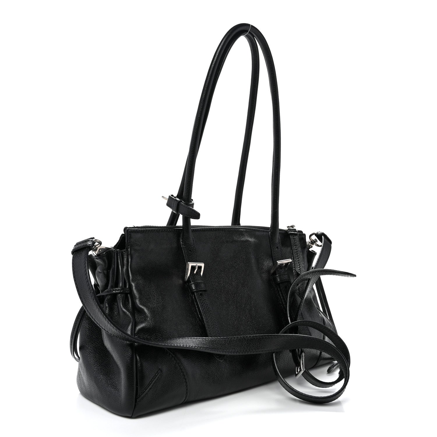 Prada Antiqued Calfskin Triangle Medium Bonnie Shoulder Bag Black
