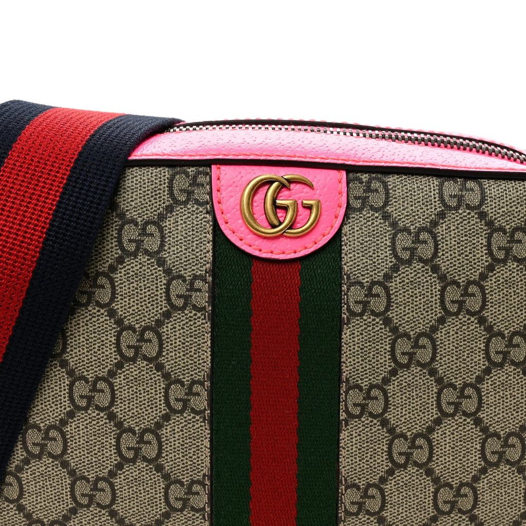 Gucci GG Supreme Monogram Textured Dollar Calfskin Web Ophidia Small Crossbody Bag Beige Ebony Fuchsia