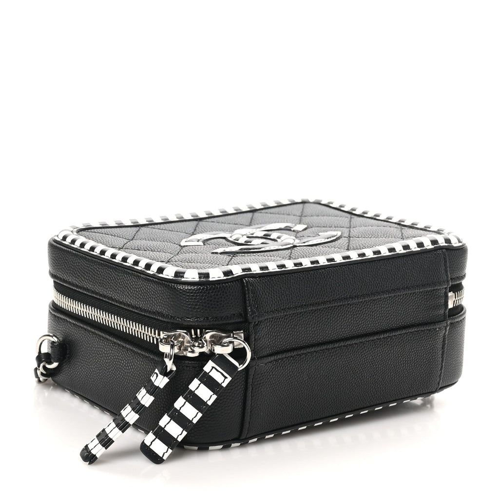 Chanel Caviar Quilted Striped Small CC Filigree Vanity Case Black White