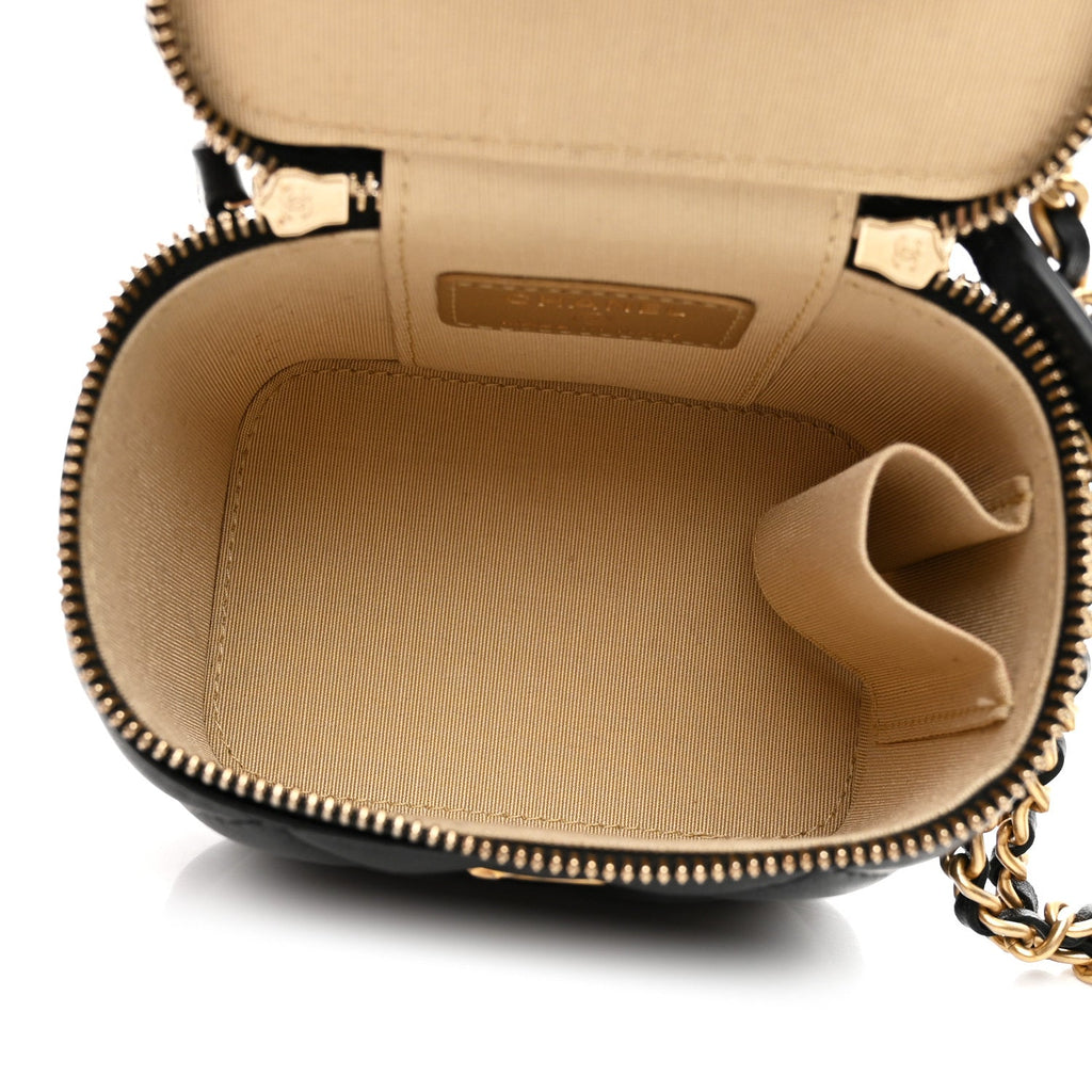 Chanel Lambskin Quilted Mini Pearl Crush Vanity Case With Chain Black