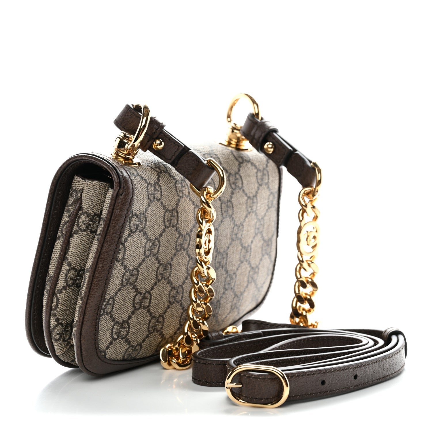 Gucci GG Supreme Monogram Textured Dollar Calfskin Mini Blondie Chain Shoulder Flap Bag Beige Ebony New Acero