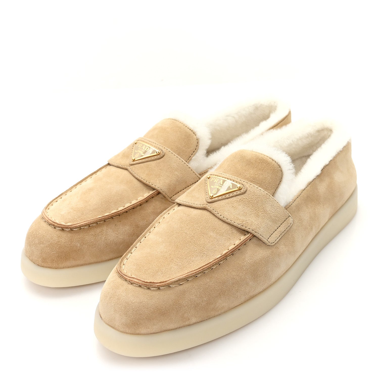 Prada Suede Shearling Triangle Logo Loafer 39 Ecru